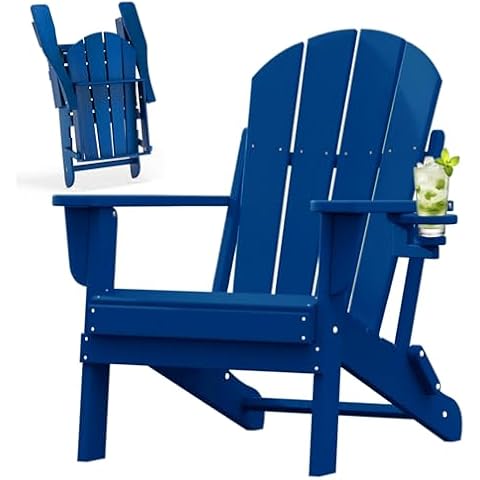 Folding Adirondack Chair with Cup Holder, Poly Lumber Patio Chairs, Wood Texture, Pre-Assembled Weather Resistant Outdoor Chairs for Pool, Deck, Backyard, Garden, Fire Pit Seating, Navy Blue Cover