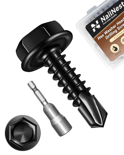 nailnest 100PCS #8 x 5/8" Self Drilling Screws, Black Self Tapping Screws for Metal, 410 Stainless Steel Hex Washer Head Sheet Metal Screw, Quick Tapping with 7mm Hex Socket