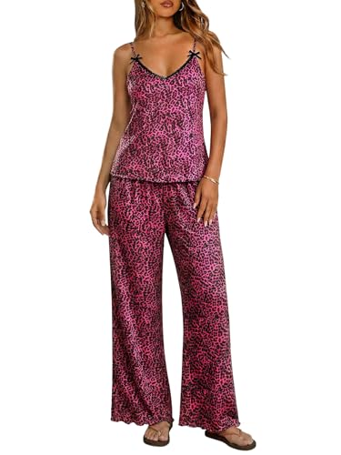 Image of Ekouaer Womens Y2K Cami Pajama Set with Flare Pants, 2 Piece Lace Trim Sleepwear Spaghetti Strap Pjs Set XS-2XL