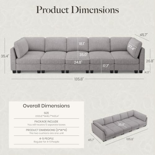 Image of Belffin Cloud Couch with Deep Seat Linen Sectional Sleeper Sofa Apartment Couch. Light Grey Sofa