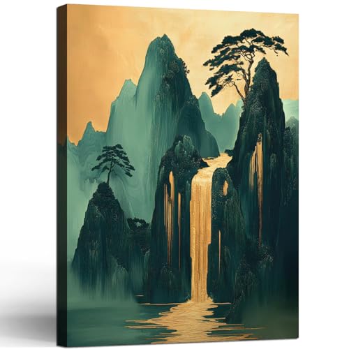 Framed Mountains Waterfall Oriental Landscape Green Gold Picture Wall Art