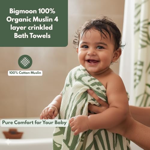 Image of BIGMOON 100% Muslin Baby Crinkled 4-Layer Bath Towel | Large 70 x 145 cm Soft & Breathable Towel for Newborn Baby | Green Leaf Printed Muslin Bath Towel, Baby Towel | 0-3 Years+, Pack of 1
