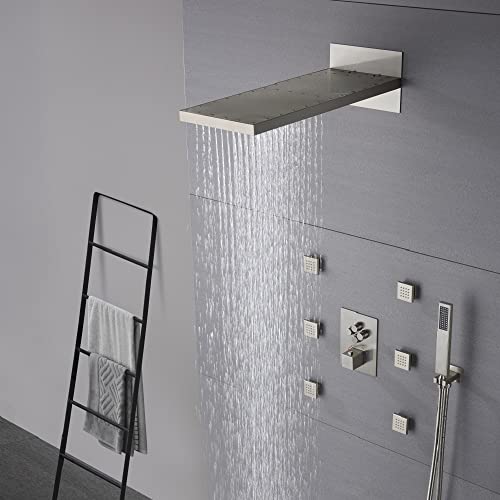Sistema de Ducha Rectangular Cascada 9"x22” con Mango Único y 4 Botones, 4 Funciones (Lluvia, Cascada, Jets de Cuerpo y Ducha de Mano) Acabado Níquel Cepillado miniatura 3