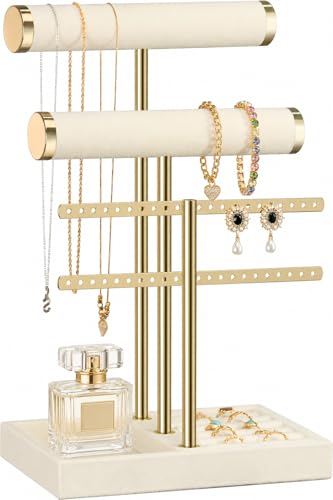 Josmimic Organisateur de Bijoux à 3 Niveaux - Porte Bijoux Beige en Velours pour Bracelets, Colliers, Montres, Bagues