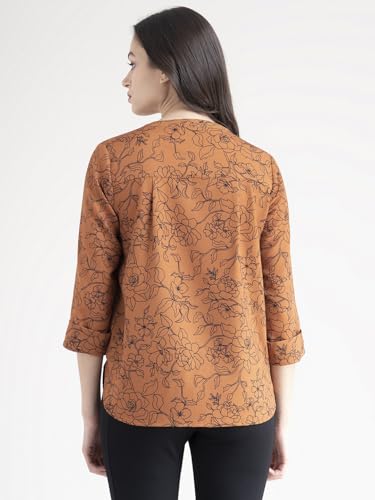 Image of FableStreet Women Shirt Work & Casual | Relaxed Fit Mandarin V-Neck Three-Quarter Sleeves Solid Pattern | Breathable Woven Fabric for Office & Everyday Wear