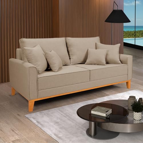 Sofá Living Beny 3 Lugares Linho Bege Fixo Sala Base Madeira