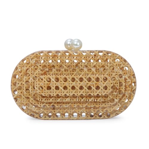 Image of GOKTOW Woven Rattan Clutch Purse with Magnetic Closure Beach Handbag, Lightweight Acrylic Summer Bag for Vacation