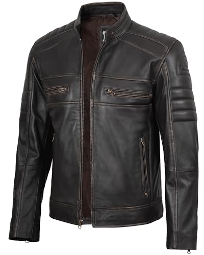 Image of Decrum Cafe Racer Leather Jacket for Men - Real Lambskin Motorcycle Style Mens Jacket with Zipper Closure