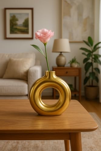 Image of Amazon Basics Artisan Crafted Ceramic Donut Shaped Vase for Unique Home Decor (9L cm x 4W cm x 16H cm) - Pack of 1, Gold