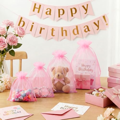 Image of FUNFERY 100Pcs Pink Organza Bags 3x4 in,Small Mesh Drawstring Gift Bag | Little Jewelry Bags for Wedding Party Favors, Mini Drawstring Pouch for Sachet, Candy, Goodie, Treat Bag for Easter Day