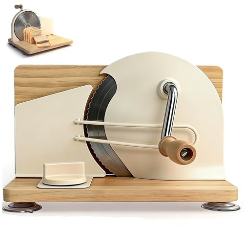 Manual Bread Slicer for Homemade Sourdough 0-2cm Adjustable Thickness and Foldable Base Engraved Scale Line Bread Guide Hand Crank Bread Cutter Stainless Steel Blade with Suction Cups