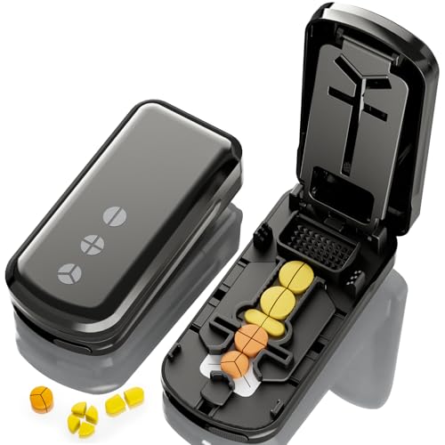 Pill Cutter Splitter for Small and Tiny Pills, 1/2 1/3 1/4 Pill Splitter for Small Pills,Vitamins, Tablets in Half or Quarters, Accurate and Easy Cutting, Stainless Steel Blade, Back Storage (Black)