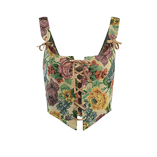 Bowanadacles Women Vintage Floral Camisole Flower Embroidery Pattern Tight Vest Drawstring Tie-up Tank Top Suspender Corset