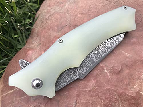 Tactical Gearz Damascus G10 Pocket Knife, Vex Xt! G10 Handle! Thick Damascus Blade, Vg10 Core W/67 Layers! Ball Bearing Pivot System! Includes Sheath! (Ice) #TOP4