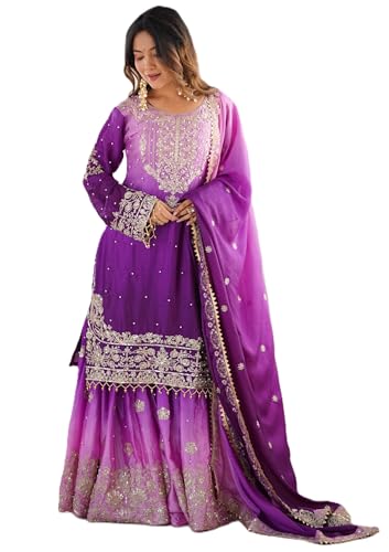 Image of Pandadi Saree Women's Chinon Silk Embroidery Kurta Sharara Set With Dupatta.