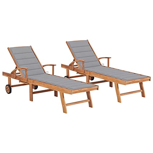 Gecheer - Tumbonas de 2 piezas con cojín gris de madera de teca sólida, baño de sol reclinable de jardín al aire libre, tumbona de playa relax para acampar balcón piscina