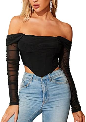 Mesh Sheer Long Sleeve Corset Crop top Ruched off Shoulder Blouse Push Up Party Boned Bustier for Cute Women Trendy