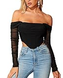 Mesh Sheer Long Sleeve Corset Crop top Ruched off Shoulder Blouse Push Up Party Boned Bustier for Cu