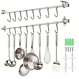 Funnacle 20' Kitchen Utensil Rack with Adjustable Holes - 8 Sliding Hooks 304 Stainless Steel, Pots and Pans Hanging Rack Wall Mounted 2 Packs