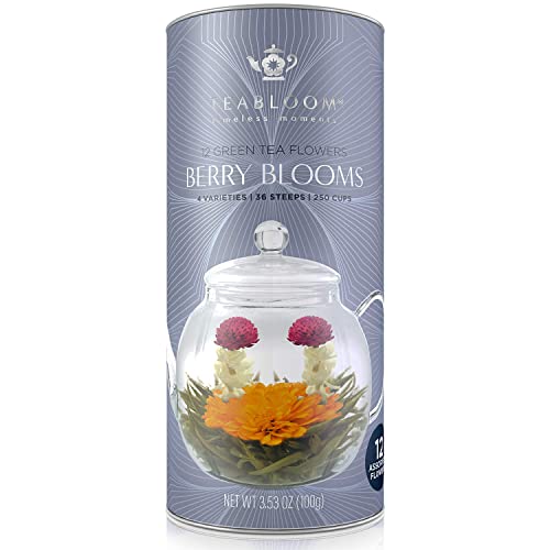 Teabloom Holiday Flowering Teas - 12 Assorted, Delicious Berry Blooming Teas - Premium Green Tea + Cranberry, Blueberry, Acai Berry & Strawberry #TOP7
