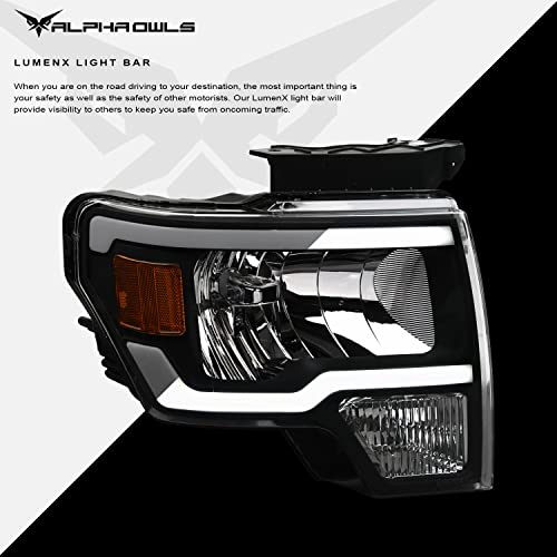 Alpha Owls Crystal Headlights with White LED Strip|Compatible With 2009-2014 Ford F150|8743089|Black Amber by Alpha Owls - Image 4