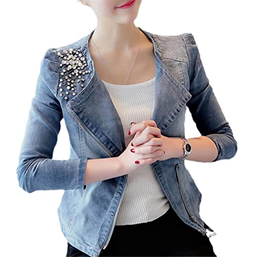 Veste en jean femme perles blouson denim zippé bleu taille XL