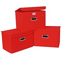 SEVENDOME Linen Fabric Foldable Collapsible Storage Cube Bin Organizer Basket Fabric Storage Bins with Lid, Leather Handles, Removable Divider for Home, Closet, Red 3Pcs