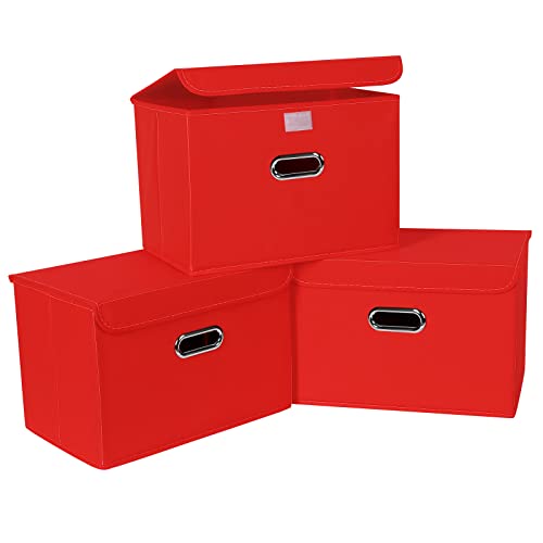 SEVENDOME Linen Fabric Foldable Collapsible Storage Cube Bin Organizer Basket Fabric Storage Bins with Lid, Leather Handles, Removable Divider for Home, Closet, Red 3Pcs