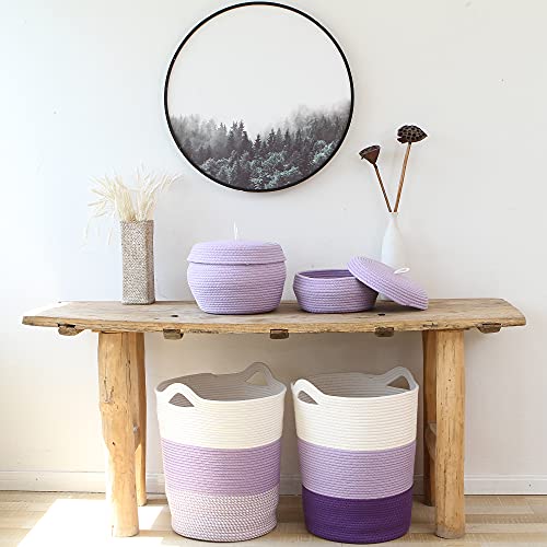 Sea Team Large Size Cotton Rope Woven Storage Basket With Handles, Laundry Hamper, Fabric Bucket, Drum, Clothes Toy Organizer For Kid's Room, 20 X 14 Inches, Round Open Design, White & Mottled Purple #TOP3