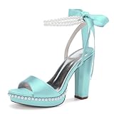 LRMYMHY Mujer Chunky Ancho Alto High Plataforma Heel Abierta Punta Sandalias Correa Tobillo Cierre Zapatos de Boda de Novia,Aqua Blue,36 EU