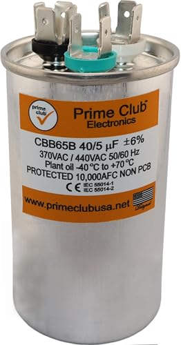 Prime Club 40+5 uF 40/5 MFD ±6% 370V/440VAC CBB65 Dual Run Round Start Capacitor for AC Motor Run & Fan Condenser. Universal Replacement for Carrier Lennox GE Genteq Capcom Bryant Goodman Trane York