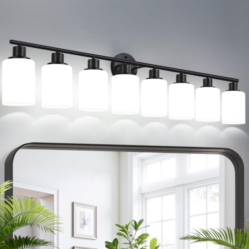 Image of Zarbitta 8-Light Bathroom Light Fixtures, Black Modern Vanity Lights with Milky White Frosted Glass Shades, Bathroom Wall Lamp for Mirror, Living Room, Hallway, Kitchen, Cabinet, Porch