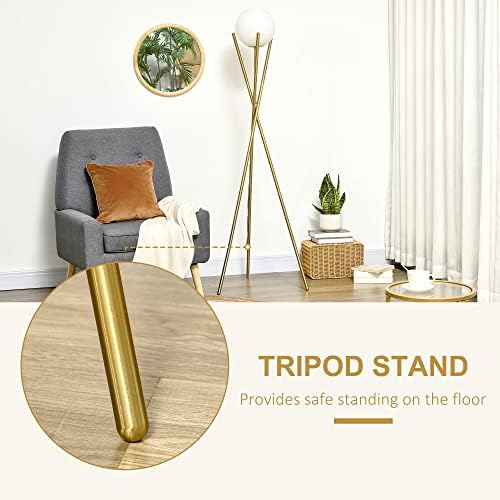 HOMCOM 174cm Tripod Floor Lamp with Globe Lampshade, Modern Standing Light with Foot Switch, E27 Base for Living Room, Bedroom, Gold and White