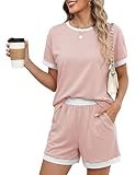 Blingfit Womens Summer Two Piece Outfits Short Lounge Sets Crew Neck Top and Shorts Pajamas Casual Vacation Outfits Pink L