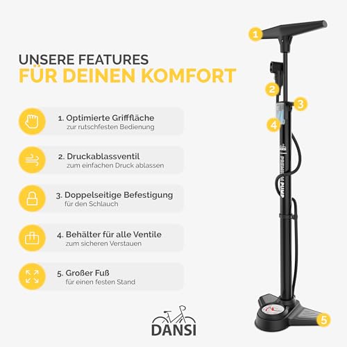 DANSI Standluftpumpe, mit Adapter, passend für alle gängigen Ventile, mit Manometer, mit Druckablassventil