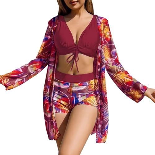 Badeanzug Damen Tankini Schwimmanzug Zwei Teile Gestreifter, Hochelastischer 3 Set Badeanzug mit Abdeckung Monokini Damen mit Rock (Rd1, L)