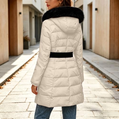 Puffer Jacket Womens Lightweight Long Quilted Coat with Faux Fur Hood Belt | Womens Faux Fur Hood Belted Puffer Coat with Snap Zip Front, Flap Pockets, and Mid-Length Warmth for Fall Layering. - image 6