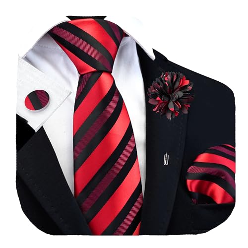 Image of GUSLESON 3.15 inch（8cm） Mens Stripe Tie and Lapel Pin Necktie Hankerchief Cufflinks Set for Men