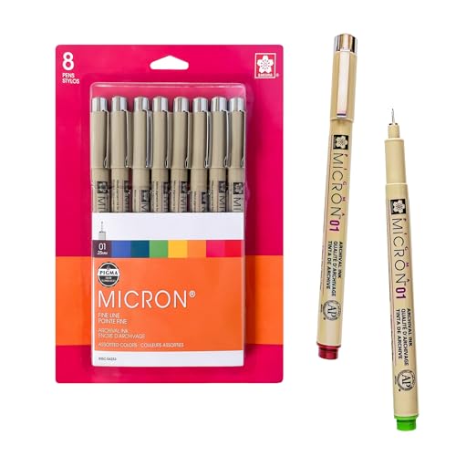 SAKURA Pigma Micron Fineliner Pens - Archival Colored Ink Pens - For Writing, Drawing, or Journaling - Colored Ink - 01 Point Size - 8 Pack