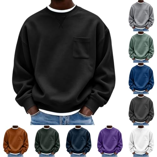 Aniywn Black Crewneck Sweatshirt Men Casual Comfy Fall Winer Pullover Tops | Crew Neck Sweatshirt For Mens Long Sleeve Shirt Comfort Vintage Pullover Ribbed Cuffs Fall Winer Pullover With Chest Pocket - image 1