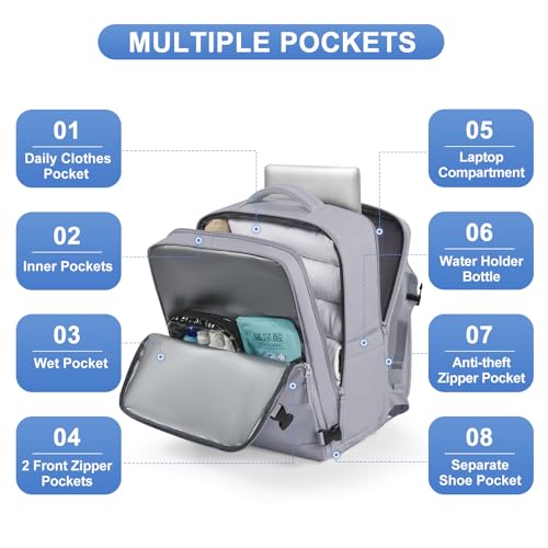 Image of Grey Travel Backpack - Carry On Flight Approved Mochila De Viaje Personal Item - Large Backpack for Men & Women - 18x14x8 Inches