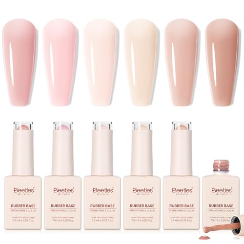 Beetles Rubber Base Gel Set 6 Colors 5 in 1 Builder Base Gel Polish Kit Strengthening & Repair for Thin Weak Nails Self Leveling Apex Builder Soak Off UV LED Gel for Natural Nails