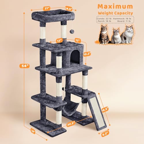 Image of Yaheetech 54in Cat Tree Tower for Large Cats, Multi-Level Condo & Hammock | Sisal scratching posts, roomy condo holds up to 22 lb, a wide 21-inch top perch fit large cats, dark gray
