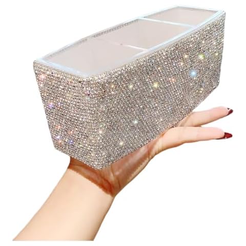 Bestbling Luxury Bling Triple-Compartment Acrylic Makeup Brush Pen Holder – Creative and Stylish Desk Organizer Storage Box for Eyebrow Pencils, Lipsticks (Silver) Cover