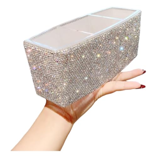 Bestbling Luxury Bling Triple-Compartment Acrylic Makeup Brush Pen Holder – Creative and Stylish Desk Organizer Storage Box for Eyebrow Pencils, Lipsticks (Silver)