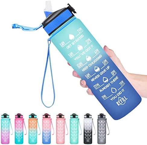 Hyeta 32 oz Water Bottles with Times to Drink and Straw, Motivational Water Bottle with Time Marker, Leakproof & BPA Free, Drinking Sports Water Bottle for Fitness, Gym & Outdoor, Green-Blue