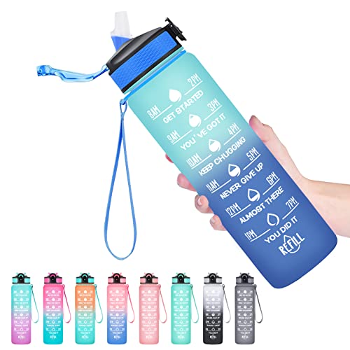 Hyeta Water Bottle with Straw & Time Marker, Plastic 32oz Leakproof