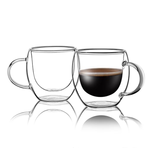 Stylusella Lot de 2 tasses à expresso (80 ml), tasses à expresso en verre borosilicate à double paroi avec poignées, idéales pour un petit café expresso