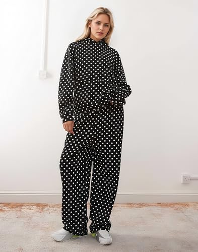 Ythomm Women Polka Dot 2 Piece Outfits Oversized Fleece Hoodie Sweatsuits Wide Leg Sweatpants Matching Sets Fall Tracksuits3