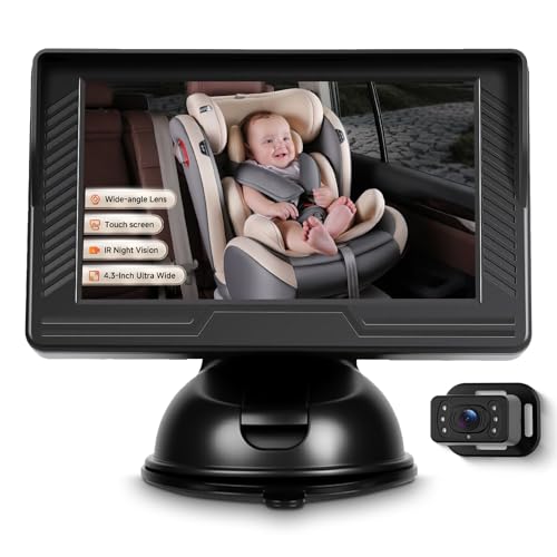 Rimoody Baby Car Camera for Backseat 4.3 HD Display Baby Car Mirror with Night Vision Feature Wide View Angle Reusable Sucker Bracket Easy Install 360 Adjustable Display